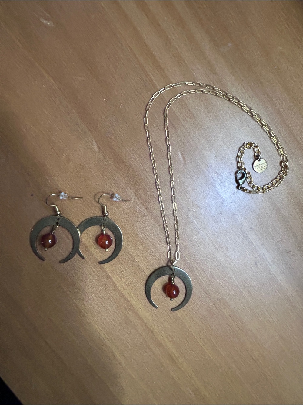 Twisted Silver Gold Crescent Pendant Necklace and Earring Set with Red Stone